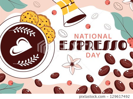 National Espresso Day Celebration Vector Illustration on November 23 Featuring a Coffee Cup and Coffee Beans in a Flat Style Cartoon Background 129617492