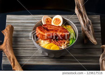 Braised pork belly set meal Asian style 129617516