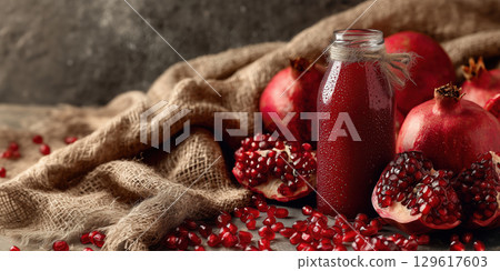 Pomegranate juice in glass bottle surrounded by whole and halved pomegranates on rustic fabric background 129617603