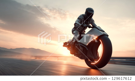 Man riding futuristic one wheeled gadget motor speeds on open highway with sleek aerodynamic design, dynamic motion, and sunset lighting 129617612