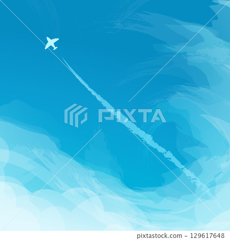 a small silhouette airplane flying above clouds 129617648