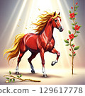 [Design Material] Red Horse with Spring Flowers 129617778