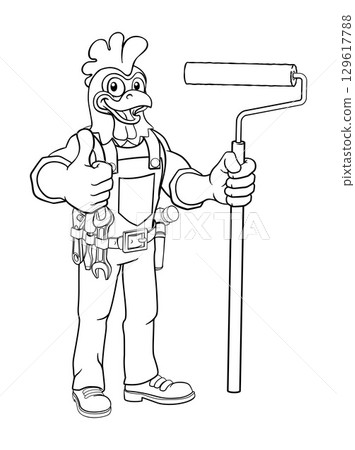 Rooster Painter Decorator Paint Roller Mascot Rooster Painter Decorator Paint Roller Mascot 129617788