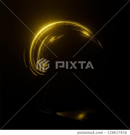 3d rendering. Neon gold paint oil on a black background with bright highlights. Spot in the form of a spiral. 129617816
