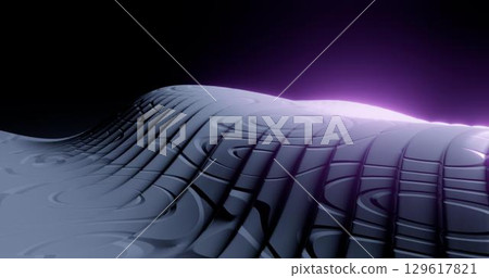 3d rendering. Wave striped surface. Metal ribbed plane with glare of light. Futuristic background 129617821
