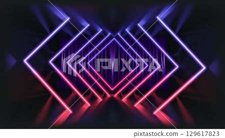 3D Rendering. Geometric figure in neon light against a dark tunnel. Laser glow. 129617823