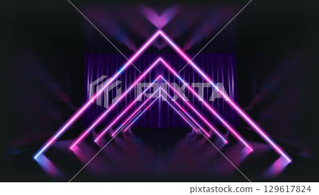 3D Rendering. Geometric figure in neon light against a dark tunnel. Laser glow. 3D Rendering. Geometric figure in neon light against a dark tunnel. Laser glow. 129617824