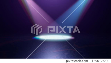 3d rendering illustration. A scene of a theater or an exhibition hall in the light of searchlights. Urban background. 3d rendering illustration. A scene of a theater or an exhibition hall in the light of searchlights. Urban background. 129617855