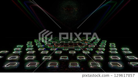 3d rendering illustration. A scene of a theater or an exhibition hall in the light of searchlights. Urban background. 3d rendering illustration. A scene of a theater or an exhibition hall in the light of searchlights. Urban background. 129617857