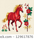 [Design Material] Spring-colored red horse and flower polygon style 129617876