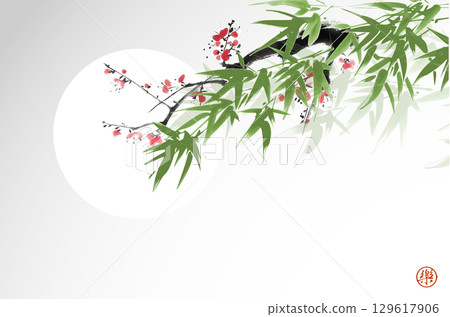 Delicate ink wash painting of bamboo leaves and plum blossom with big sun on background. Traditional Japanese ink wash painting sumi-e. Hieroglyph - joy Delicate ink wash painting of bamboo leaves and plum blossom with big sun on background. Traditional Japanese ink wash painting sumi-e. Hieroglyph - joy 129617906