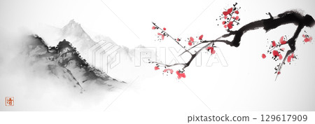 Ink painting of cherry blossom branch and misty mountains. Traditional oriental ink painting sumi-e, u-sin, go-hua. Hieroglyph - clarity. Ink painting of cherry blossom branch and misty mountains. Traditional oriental ink painting sumi-e, u-sin, go-hua. Hieroglyph - clarity. 129617909