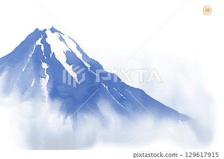 Blue mount Fuji with mist. Traditional Japanese ink wash painting sumi-e. Translation of hieroglyph - zen 129617915