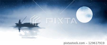 Ink painting of a lone boatman rowing under a full moon with a starry night sky. Traditional oriental ink painting sumi-e, u-sin, go-hua. 129617919