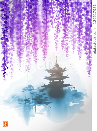 Dreamy ink painting featuring blue pagoda temple beneath the blossoming wisteria vines. Traditional oriental ink painting sumi-e, u-sin, go-hua. Translation of hieroglyph - eternity 129617921