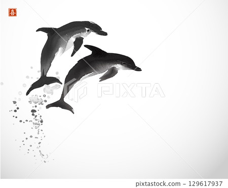 Ink painting with two dolphins on white background. Traditional oriental ink painting sumi-e, u-sin, go-hua. Hieroglyph - joy 129617937