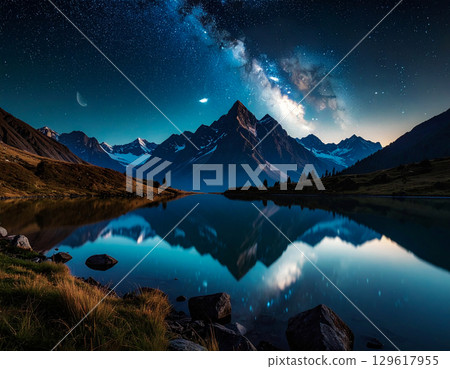 夜晚的湖泊和山脈 129617955