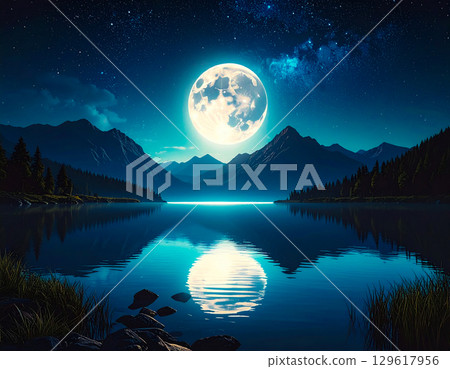 滿月之夜的湖泊和山脈 129617956