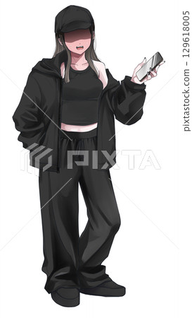 A suspicious girl dressed in all black is embarrassed A suspicious girl dressed in all black is embarrassed 129618005