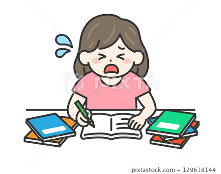 考試前一天 | 一位沮喪的女人匆忙準備考試的插圖 129618144