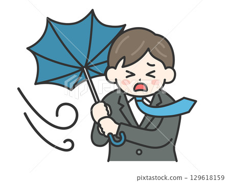 圖：西裝革履的男子，他的雨傘被強風吹翻 | 強風、暴雨、颱風天 129618159