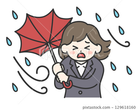 颱風天，一位穿著西裝、撐著反傘的女士的插圖 | 強風、大雨、颱風天 129618160