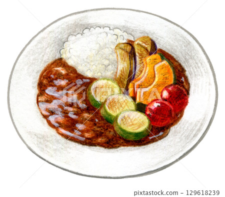 Cafe menu colored pencil drawing: Summer vegetable curry 129618239