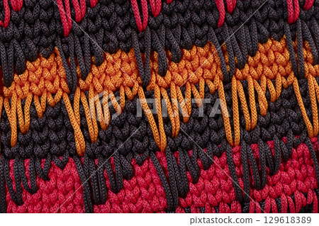 Women's handbag brown color hand knitted with orange-red weaves and long handle 129618389