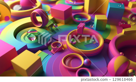 Abstract background with colorful 3D shapes scattered in geometric composition. Generated AI 129618466