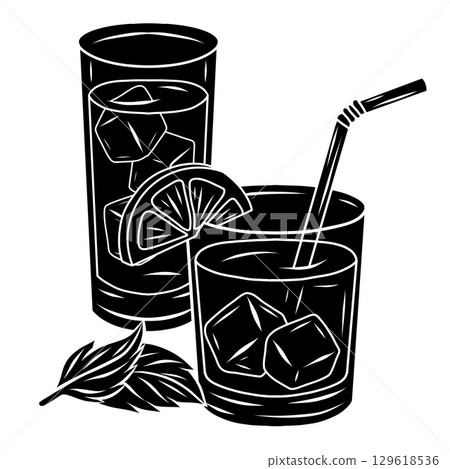 Vector black silhouette glasses with alcohol, juice, mint and lemon. Print illustration of cocktails Vector black silhouette glasses with alcohol, juice, mint and lemon. Print illustration of cocktails 129618536