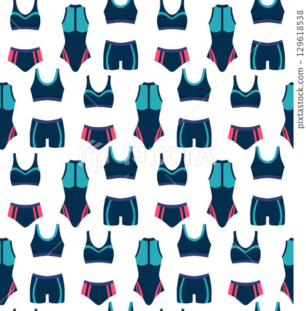 Vector seamless pattern with summer swimsuits on white background. Texture with sports wetsuits for swimming pools, cycling. Vector seamless pattern with summer swimsuits on white background. Texture with sports wetsuits for swimming pools, cycling. 129618538