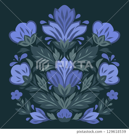 Vector decorative card with blue flower arrangement on dark background. Symmetrical stylized flowers in folk art style. Summer bloom bouquet Vector decorative card with blue flower arrangement on dark background. Symmetrical stylized flowers in folk art style. Summer bloom bouquet 129618539