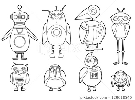 Vector set of contour cute cartoon robot birds. Collection of outline bird clip art automatons. Future pets. Vector set of contour cute cartoon robot birds. Collection of outline bird clip art automatons. Future pets. 129618540