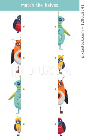 Vector template of childish educational game. Connect the halves of robots birds. Find the correct half of the illustration of cyborg birds. Vector template of childish educational game. Connect the halves of robots birds. Find the correct half of the illustration of cyborg birds. 129618541