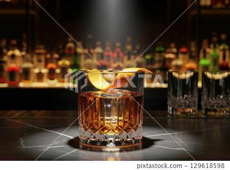 Classic old fashioned cocktail in a crystal glass with an orange peel garnish on a marble bar 129618598