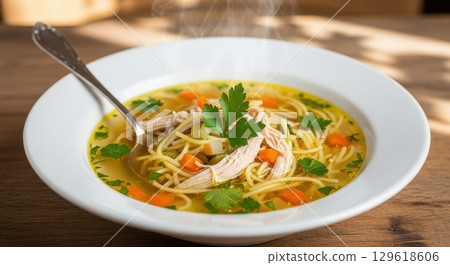 Traditional polish rosol chicken noodle soup with carrots and parsley in a white bowl 129618606