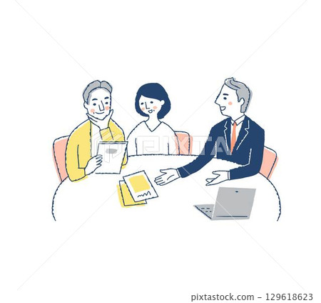 一對夫婦一邊看小冊子一邊諮詢,一名工作人員正在為他們服務 一對夫婦一邊看小冊子一邊諮詢,一名工作人員正在為他們服務 129618623