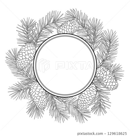 Fir Tree Outline Round Frame. 129618625
