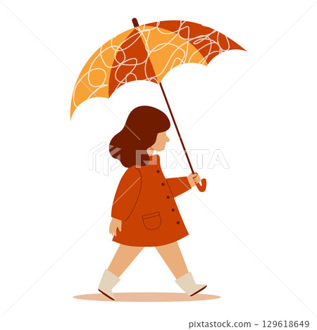 Autumn Child Girl with Umbrella. Seasonal Female Kids character. Fall time. Vector illustration. Not AI Autumn Child Girl with Umbrella. Seasonal Female Kids character. Fall time. Vector illustration. Not AI 129618649