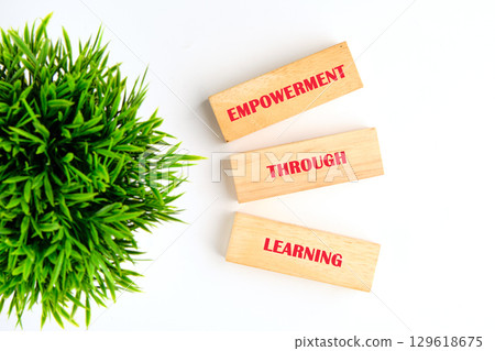 Through education and learning to success concept. EMPOWERMENT THROUGH LEARNING words made of wooden blocks on white background with green plant, top view 129618675