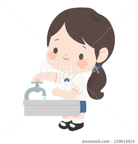 Girl child is turning off the tap off 129618923