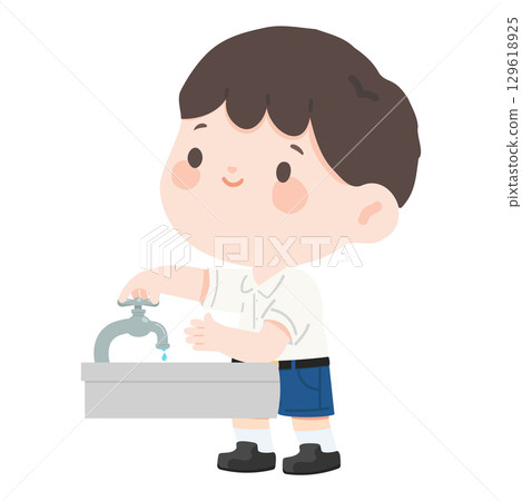 Student Boy Washing Hands Illustration 129618925