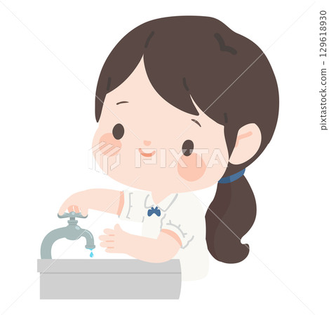 child is turning off the tap 129618930