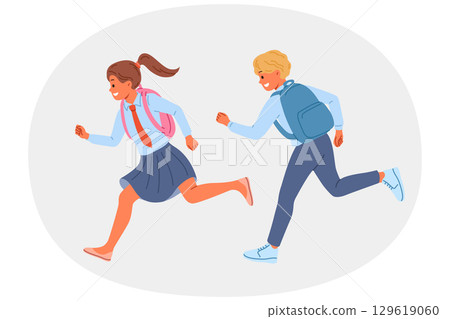 School children with backpacks run away from classes, not wanting to study and receive education School children with backpacks run away from classes, not wanting to study and receive education 129619060