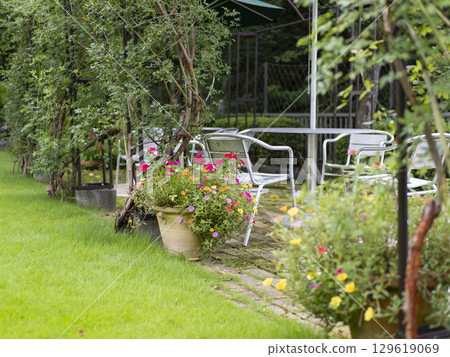 Garden terrace with flower pots Garden terrace with flower pots 129619069