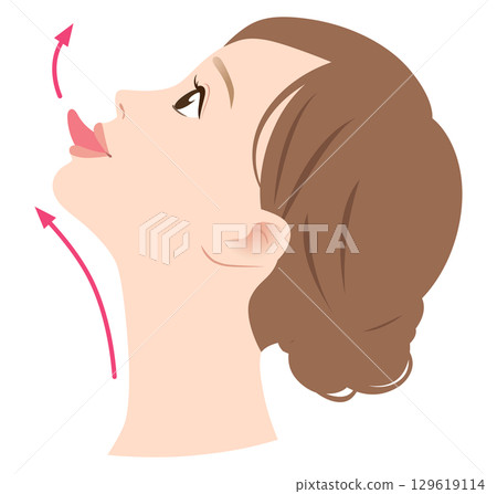 拉伸下巴下方的區域以消除雙下巴並伸出舌頭 拉伸下巴下方的區域以消除雙下巴並伸出舌頭 129619114