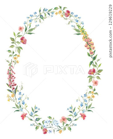 Watercolor Floral Oval Wreath with Blue Ribbon, Hand-Painted Botanical Frame for Wedding Invitations, Greeting Cards, Baby Shower, and Spring Decor 129619229