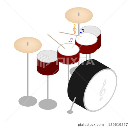 Isometric drum set with drumsticks and copper drum cymbals. Percussion musical instrument top view. aerial view. Realistic 3D vector concept isolated on white background 129619257