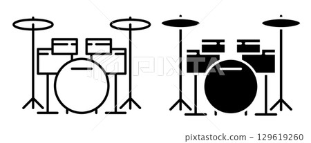Linear icon. Drum set with drumsticks and copper drum cymbals. Simple black and white vector isolated on white background 129619260