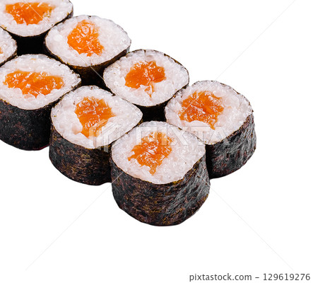 Sushi roll with salmon filling presented on plain background Sushi roll with salmon filling presented on plain background 129619276
